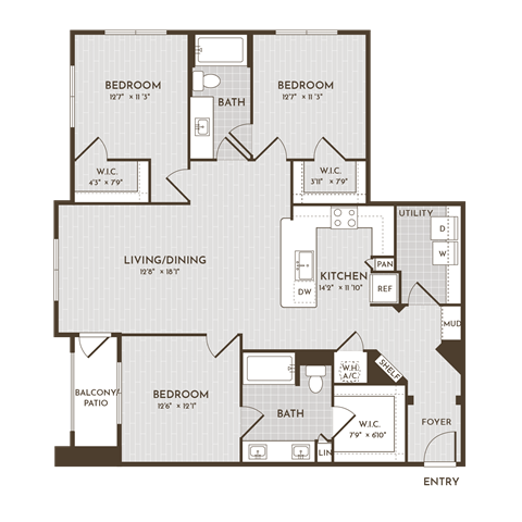 Floor plan for 3 beds, 2 baths, 1408 sqft